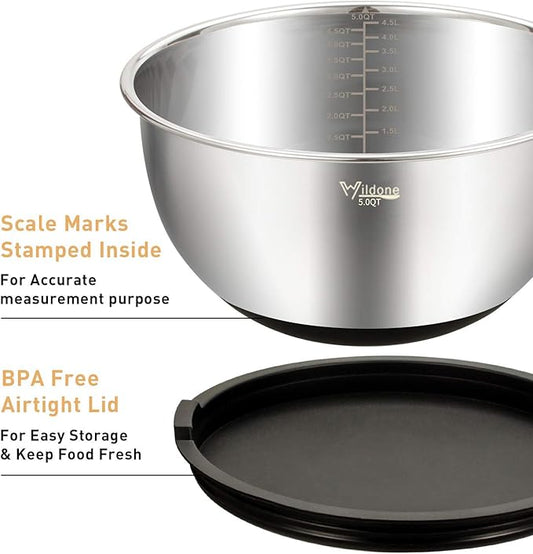 Wildone Mixing Bowls with Lids Set, 5PCS Stainless Steel Nesting Bowls with 3 Grater Attachments, Measurement Marks & Non-Slip Bottoms, Size 5, 3, 2, 1.5, 0.63 QT, Great for Mixing & Serving
