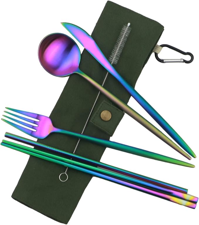 Reusable Travel Utensils, 7 Piece Portable 304 Stainless Steel including Knife Fork Spoon Chopsticks Cleaning Brush Straws Portable Pouch, Eco-friendly Camping Silverware Set, Dishwasher Safe