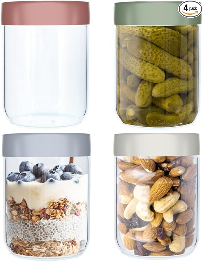4 Pack 16Oz Glass Jars with Lids, Overnight Oats Containers with Lids, Wide Mouth Mason Jar Airtight Glass Food Storage Containers for Snacks Salad Fruit Yogurt Cereal Meal Prep Leak-Proof