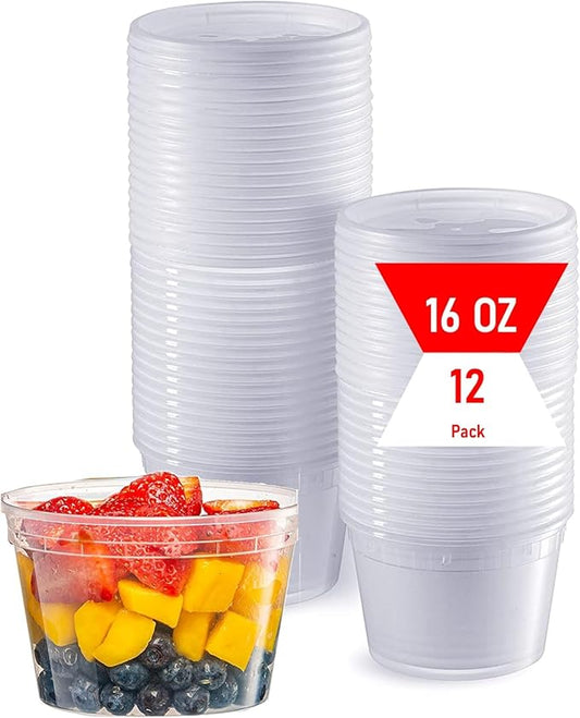 Mr Miracle 16 oz Clear Deli Containers with Lids. Pack of 12. Airtight Reusable Plastic Food and Multi-Purpose Containers. Microwave, Freezer and Dishwasher Safe