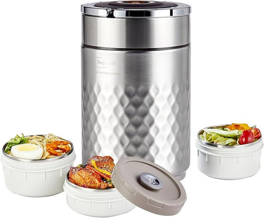 67 oz Adults Stainless Steel Vacuum Insulated Wide Mouth Soup Food Thermos Hot Food Jar with Keep Thermal Portable 3 Tier Stackable Bento Hot Food Containers Lunch Boxes (Silver)