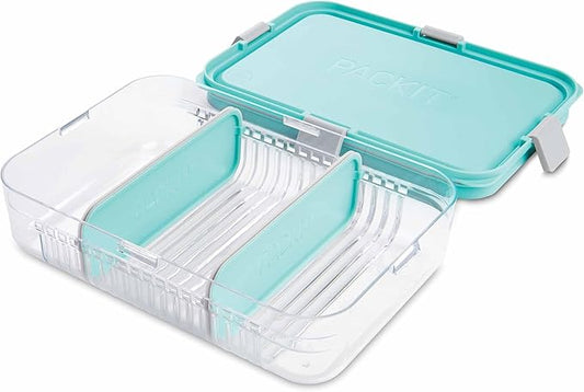 PackIt Mod Large Bento Food Storage Container, Mint, Shatterproof Crystal Clear Base, with Leak-resistant Dividers, Lid, Microwavable, Dishwasher Safe, Designed for Storing Large Meals and Leftovers