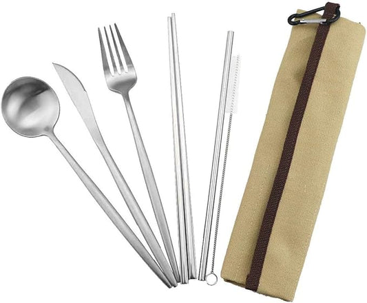 Reusable Travel Utensils, 7 Pieces Portable 18/10 Stainless Steel include Knife Fork Spoon Chopsticks Cleaning Brush Straws Portable Pouch, Eco-friendly Camping Silverware Set, Dishwasher Safe