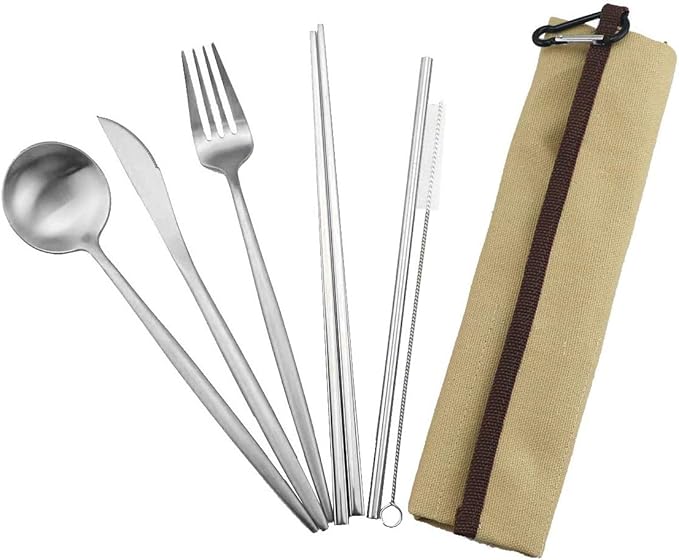 Reusable Travel Utensils, 7 Pieces Portable 18/10 Stainless Steel include Knife Fork Spoon Chopsticks Cleaning Brush Straws Portable Pouch, Eco-friendly Camping Silverware Set, Dishwasher Safe