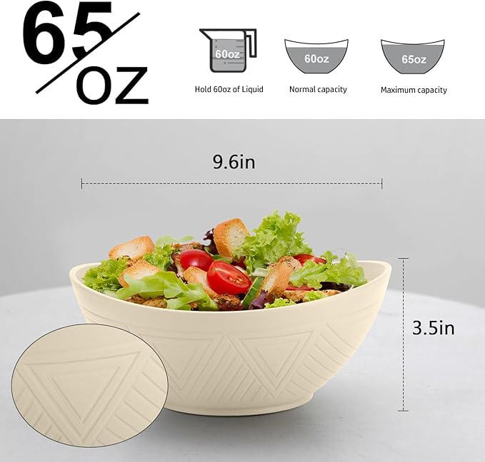 Homienly Salad Bowls Set of 6, 60 OZ Large Wheat Straw Bowls for Kitchen, Camping, Party, Unbreakable Lightweight Popcorn Bowl, Microwave and Dishwasher Safe Bowl Set with Unique Texture - Beige
