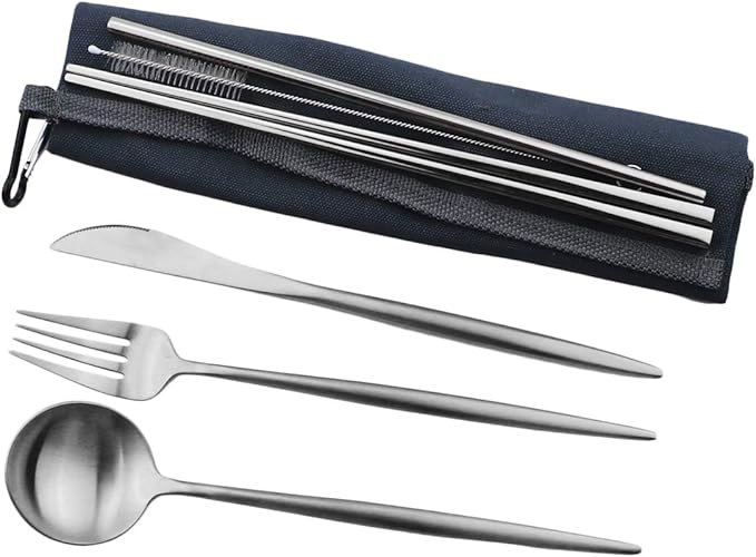 Reusable Travel Utensils, 7 Pieces Portable 18/10 Stainless Steel include Knife Fork Spoon Chopsticks Cleaning Brush Straws Portable Pouch, Eco-friendly Camping Silverware Set, Dishwasher Safe