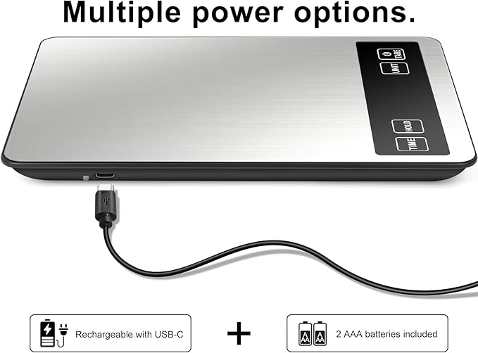 Fuzion Food Scale, 1g/0.1oz Kitchen Scale - 22lb, 7 Units, Tare & Timer Functions, Rechargeable Power, Tempered Glass & Stainless Steel - Digital Food Scale Grams and oz for Cooking, Baking