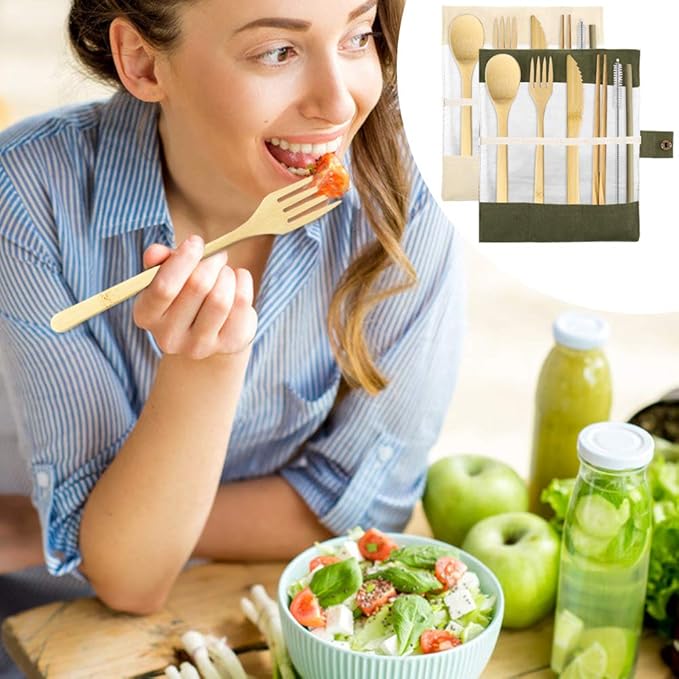 Set of 2, Bamboo Utensils Cutlery, DaKuan Reusable Cutlery Travel Set, Bamboo Spoon, Fork, Knife, Brush, Chopsticks and Straw, Eco-Friendly Portable Utensils With Case