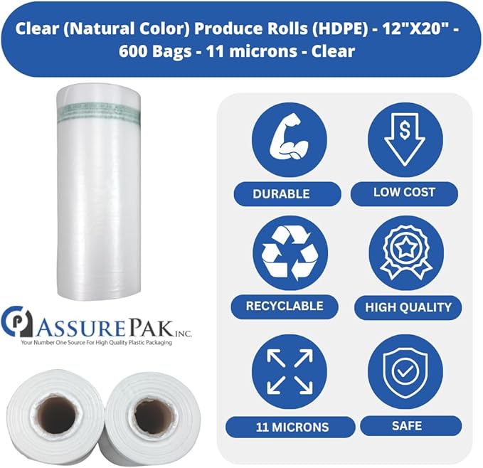 Clear Produce Roll 12"x20" – 600 HDPE Bags (11 Microns, Natural Color) for Food Storage, Grocery Use, Small Business, Reusable Produce, Kitchen Needs, Fresh Food, Storage Solution