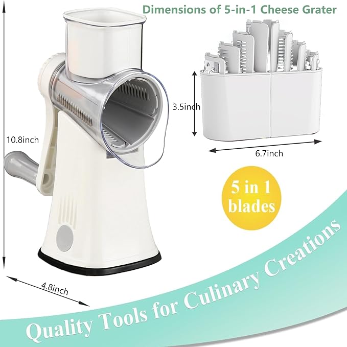 Rotary Cheese Grater 5 in 1 Cheese Grater with Handle Vegetable Slicer with 5 Interchangeable Blades, Storage Box, Green Cheese Shredder with Strong Suction Base for Kitchen (White)