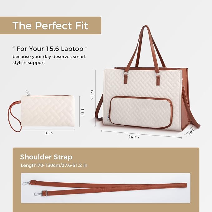 Lunch Tote Bag for Women, 15.6 inch Work Laptop Bag with Insulated Lunch Compartment - PU Leather Quilted Large Computer Handbag with Purse for Office Travel Casual - White