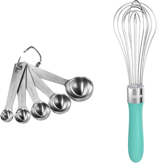 18/8 Stainless Steel Measuring Spoons Set for Dry and Liquid Ingredients (Set of 5), and 18/10 Stainless Steel Balloon Whisk for Kitchen Cooking with 8 Flex Wires (Aqua Sky)
