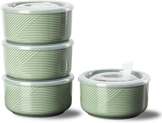 Ceramic Bowls with Lids: 20 oz Microwave Safe Food Storage Containers for Soup, Salad, Cereal, Leftovers, Meal Prep, Lunch, Picnic, Camping, Serving - Airtight, Green, Set of 4