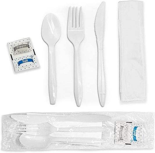 Individually Wrapped Plastic Cutlery Set with Napkin + Salt & Pepper Packets in White (50 Count) Prewrapped Disposable Silverware Bags, Bulk Utensils: Fork, Knife, and Spoon for Togo Eating
