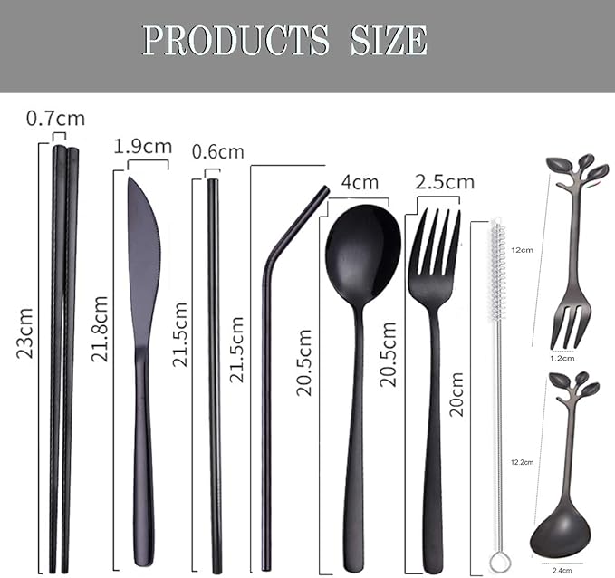 Travel Utensils Set with Case Reusable Stainless Steel Silverware Flatware Set 9 Pcs Portable Cutlery Eating Utensils Set for Lunch Boxes Workplace Camping School, Dishwasher Safe (Black)