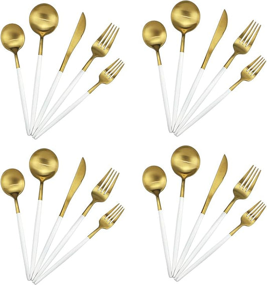 20-Piece 18/10 Stainless Steel Flatware Silverware, Luxury Dinnerware Set Travel Cutlery Tableware Include Knife Fork Spoon Service for 4, Dishwasher Safe (White Handle Matte Gold)