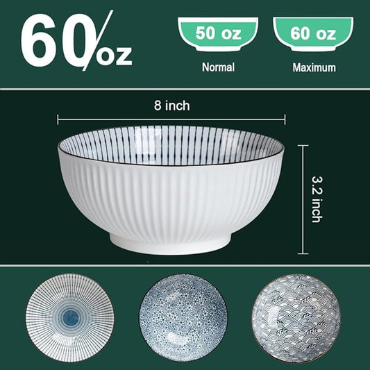 QINLANG 60 oz Large Soup Bowl, Pho Bowls, Japanese Ramen Bowls Set of 3, 8 in Blue and White Porcelain Big Bowls for Eating - 3 Mixing Patterns