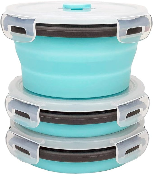 CCyanzi 3piece Round Collapsible Bowl with Lids, Silicone Food Storage Containers, Microwave & Freezer Safe, Space Saving for Kitchen Cabinet and Camping Backpack,(Blue Gray)