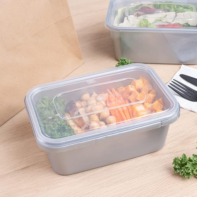 Restaurantware Futura 34.5 Ounce Meal Prep Containers With Lids 100 Tamper-Evident To Go Containers - Microwavable Disposable Silver Plastic Food Containers With Lids For Take Out or Lunches