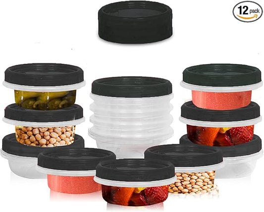 [Black - 12 Pk] Airtight Deli Containers with Lids Twist Lock Top Clear Food Storage for Meal Prep Snacks and Leftovers Freezer and Microwave Safe Stackable Leak-Resistant and 12 Pc. Set (8 Ounce)