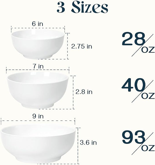 DOWAN Large Serving Bowls, Salad Bowl Set, 86/36/24 Ounces Mixing Bowls for Kitchen, White Soup Bowl, Serving Bowls Set of 3, Ceramic Bowl Sets for Family Party