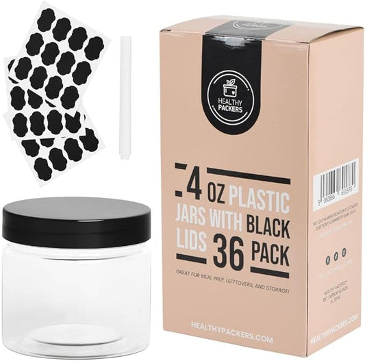 Healthy Packers Plastic Jars With Lids - 4 ounce 36-Pack Small Plastic Containers With Lids, Labels and Marker. Great for Slime, Lotions, Crafts, Travel & General Storage