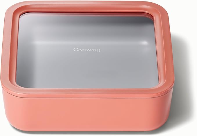 Caraway Glass Food Storage, 10 Cup Glass Container,Ceramic Coated Food Container,Easy to Store, Non Toxic, Non Stick Lunch Box Container with Glass Lids. Dishwasher, Oven,Square Shape,Perracotta