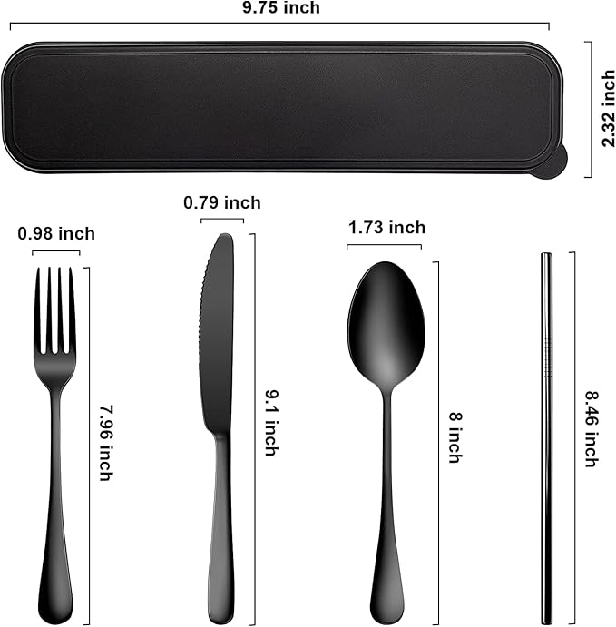 Portable Utensils Set with Case,Reusable Office Flatware Set,Healthy Travel Cutlery Set 4 PCs Stainless Steel Knife Fork Spoon Straw Cutlery Ideal for Travel, Lunch Box and Camping (Black-4 PCs)