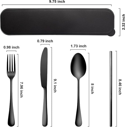Portable Utensils Set with Case,Reusable Office Flatware Set,Healthy Travel Cutlery Set 4 PCs Stainless Steel Knife Fork Spoon Straw Cutlery Ideal for Travel, Lunch Box and Camping (Black-4 PCs)