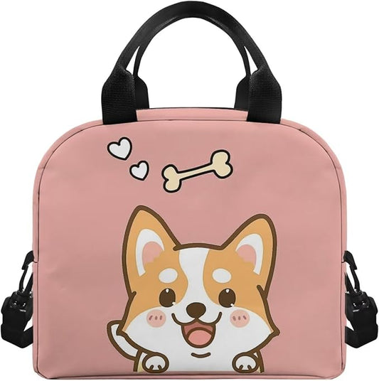 Showudesigns Cute Corgi Lunch Bags for Girls 8-10 10-12 Insulated Lunch Box Travel Bag Picnic Container Thermal Meal Tote Kit With Thick Handle Crossbody Bag Lunchbox Bento Pink