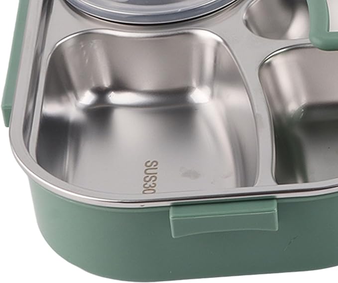 Raguso Boxs Dinnerware 4‑Grid Lunch Box Stainless Steel Meal Prep Containers for Canteens Office Family Food Storage Container (Four-compartment lunch box with soup bowl: green)