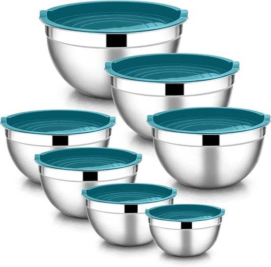 E-far Stainless Steel Mixing Bowls with Lids, 7-Piece Metal Nesting Bowls with Blue Airtight Lids for Saving Storage Space, Size 7, 4.6, 3, 2, 1.5, 1, 0.7QT, Great for Baking/Cooking/Prepping