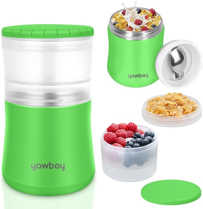 Yogurt Container, Insulated Food Container, 2 In 1 Cereal Cup On The Go,Stainless Steel Insulated Food Jar With Spoon,28oz Thermal Lunch Pot For Soup Yogurt Salad Breakfast Milk Fruit (Green)