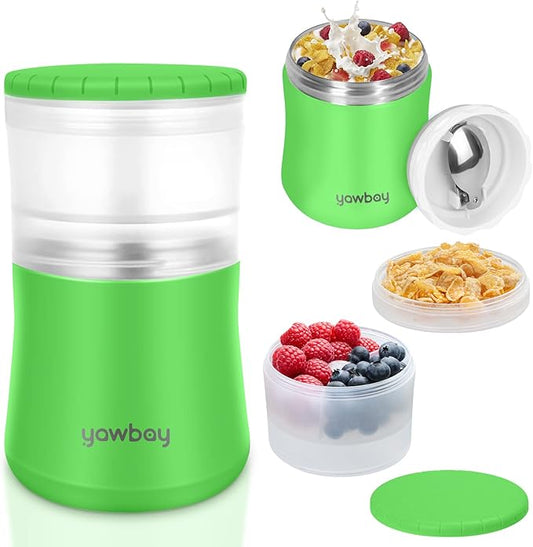 Yogurt Container, Insulated Food Container, 2 In 1 Cereal Cup On The Go,Stainless Steel Insulated Food Jar With Spoon,28oz Thermal Lunch Pot For Soup Yogurt Salad Breakfast Milk Fruit (Green)