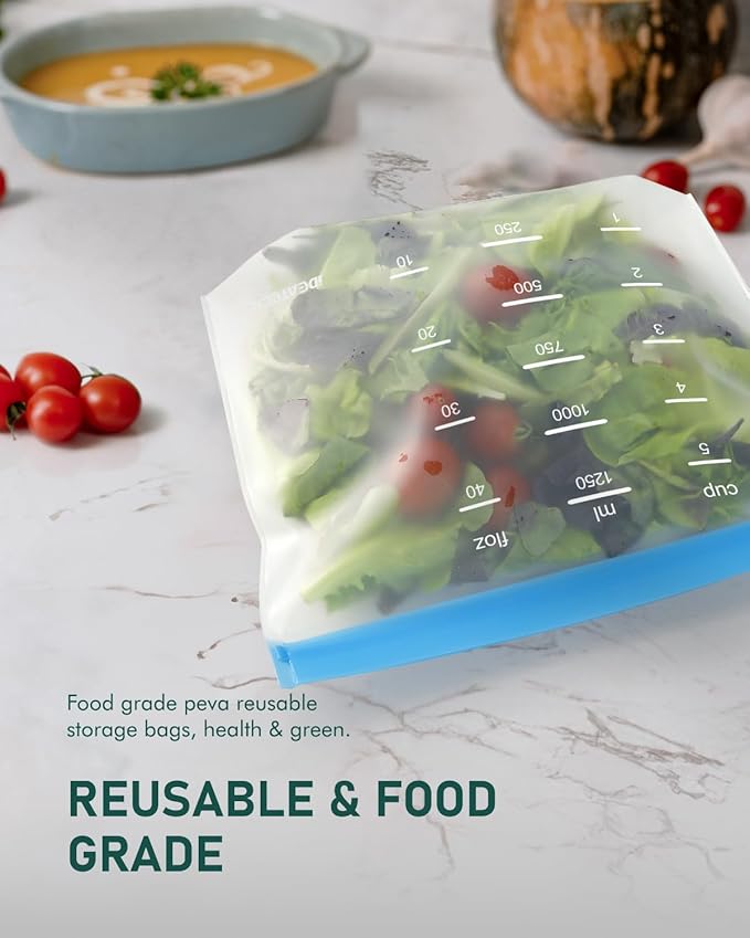 IDEATECH Gallon Freezer Bags Stand Up, Dishwasher Safe & Leakproof Reusable Gallon Bags, Extra Large & BPA Plastic Free Reusable Food Storage Bags for Meats, Veggies(6 Pack)