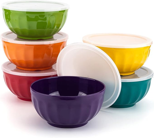KX-WARE Melamine Snack Bowls with Lids - 28 oz/6 inch 100% Melamine Cereal/Salad Bowls | set of 6 Multicolor