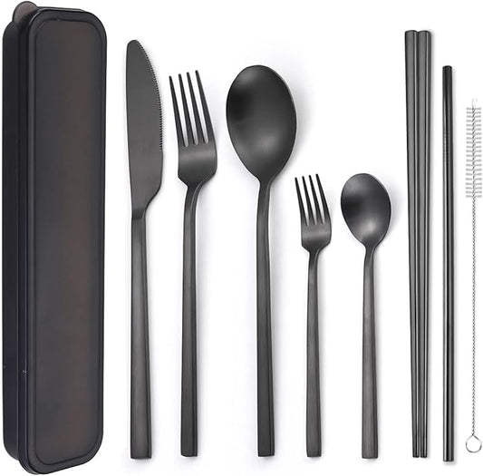 AARAINBOW 6 Pieces Stainless Steel Flatware Set Portable Reusable Cutlery Set Travel Utensils Set Including Chopsticks Knife Fork Spoon Straws Cleaning Brush Dishwasher Safe (B-Black)