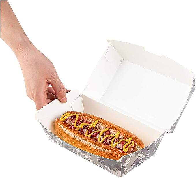 Restaurantware Bio Tek 6.7 x 3.5 x 3.5 Inch Clamshell Food Containers 100 Disposable Sandwich Containers - Hinged Lid Tab-Lock Closure Camouflage Paper Hot Dog Containers Durable Greaseproof