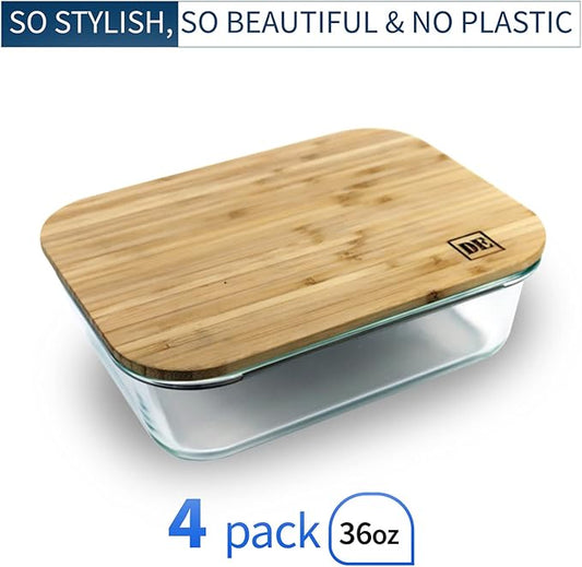 DE Glass Food Storage Containers with Bamboo Lids (4 Pack, 36 Ounce) Eco Friendly Meal Prep Glass Containers Reusable BPA Free Bento Lunch Box Airtight Plastic Free Glass Container with Lid