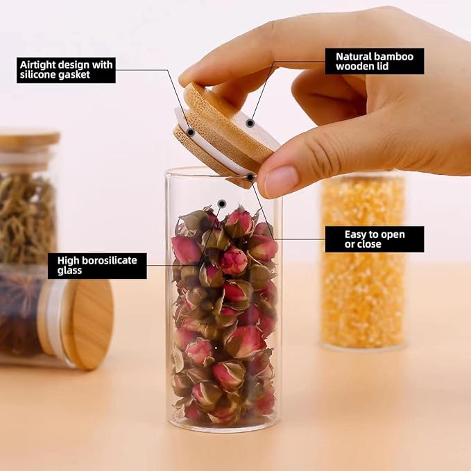Spice Jars with Label, 20pcs 4 oz Glass Jars with Bamboo Airtight Lids, 200 Printed Spice Labels Waterproof Stickers for Seasoning Containers