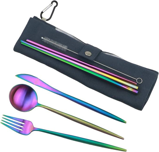 Reusable Travel Utensils, 7 Piece Portable 304 Stainless Steel including Knife Fork Spoon Chopsticks Cleaning Brush Straws Portable Pouch, Eco-friendly Camping Silverware Set, Dishwasher Safe