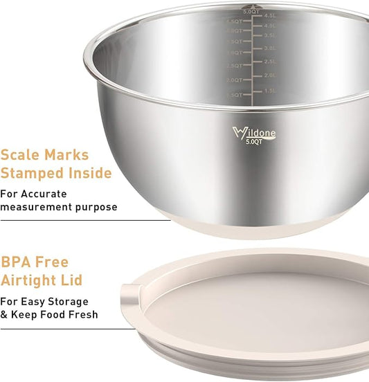 Wildone Mixing Bowls with Lids Set, 5PCS Stainless Steel Khaki Nesting Bowls with 3 Grater Attachments, Measurement Marks & Non-Slip Bottoms, Size 5, 3, 2, 1.5, 0.63 QT, Great for Mixing & Serving