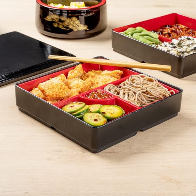 Restaurantware-8.3 x 2.2 Inch Compartment Lunch Container, 1 Japanese Style Adult Lunch Container - With 4 Compartments, Greaseproof, Black & Red Plastic Divided Lunch Box, For Hot & Cold Food
