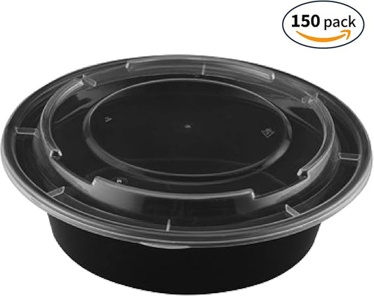 TIYA Takeout Food Containers – 24 oz Bulk 150 Pack with Lids – Plastic Food Storage To-Go Round Bowls – Reusable, Microwavable, Dishwasher Safe – Leak-Proof and Great for Meal Prep – BPA-Free