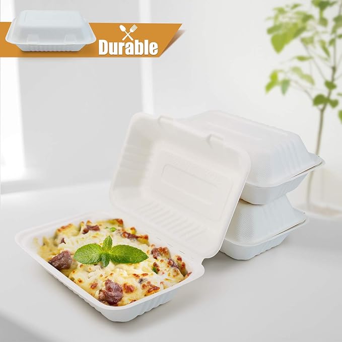 Green Earth 9x6x3 inch, 125-Count, 1-Compartment, Compostable Clamshell, Natural Bagasse (Sugarcane Fiber), Take-Out Food Boxes - Biodegradable Containers, Hinged Lid Microwave-Safe Gluten-Free