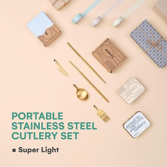 Outlery | Portable & Reusable Stainless Steel Travel Cutlery Set and Reusable Chopsticks (Metallic Gold) Pocket Sized Cutlery Set