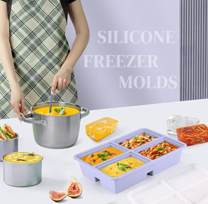 2pack Silicone Freezer Trays With Lid, 1 Cup Silicone Molds, Freezer Molds For Soup, Broth, Leftovers, Microwave-safe Container - Purple