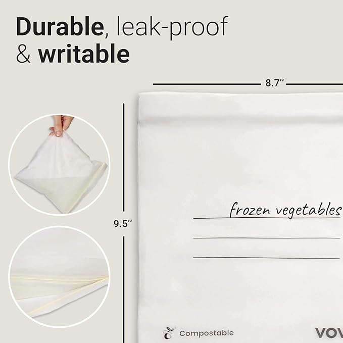 Compostable Zip Bags | 30-Pack Quart Size (1L) | PLA PBAT Biodegradable Storage Bags | Certified Eco-Friendly Food Storage | Zero Waste Kitchen | Plastic-Free Sustainable Storage