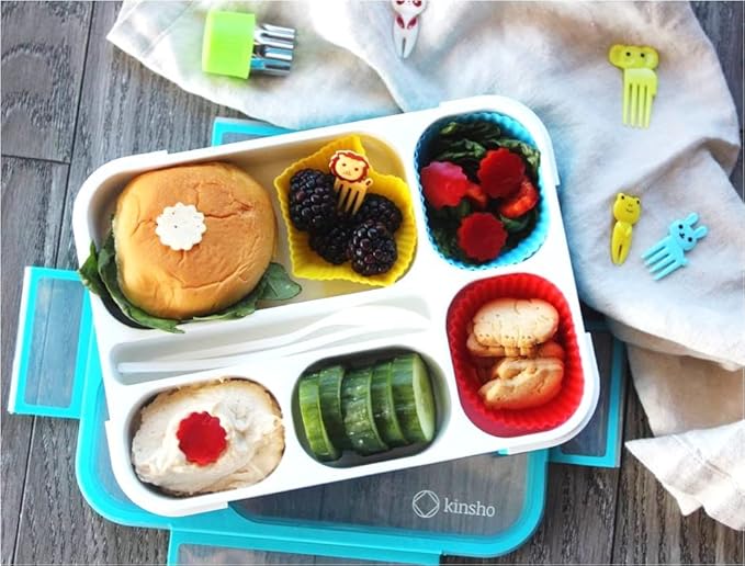 kinsho Bento Lunch Box with 9 Accessories for Kids, Snack Container Set with Food Picks, Silicone Cups, Steel Metal Vegetable Cutter and Utensils.Leakproof Set, BPA Free for Boys Girls Toddlers, Blue