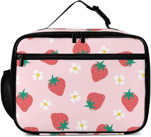 Strawberry Flowers Reusable Lunch Box Insulated Lunch Bag Cooler Bag Lunchbox Meal Food Container Tote Bag for Women Kids Girls School Camping Hiking Picnic Beach Travel